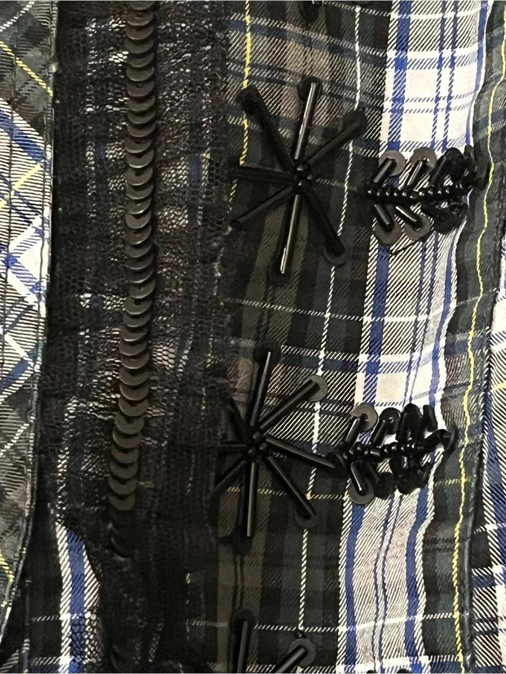 J. Crew Black, White & Blue Plaid Ruffle-Front Button-Down Women’s Shirt Size L